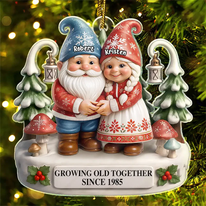 Christmas Gnome Couple Growing Old Together - Personalized Custom Shaped Acrylic Ornament