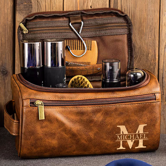 Laser Engraved Personalized Classic Initial Leather Toiletry Bag - Perfect Gift for Dad or Husband