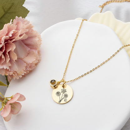 Birth Flowers Bouquet Charm Necklace with Hidden Picture
