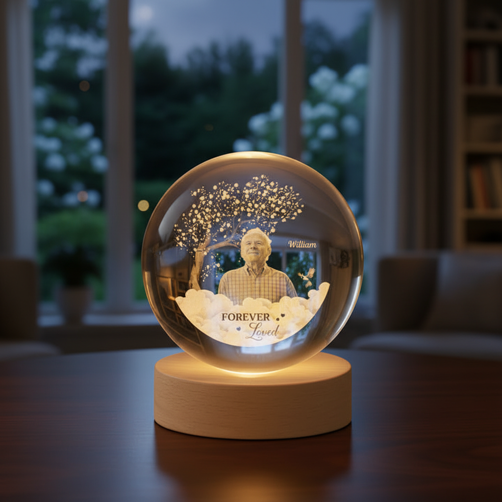Personalised Memorial Crystal Ball Lamp for Loss of Dad with Photo