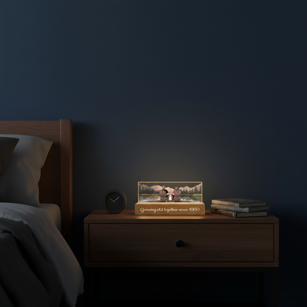 Retro Vintage Back View Couple Sitting Mountain Landscape Personalized Acrylic Block LED Night Light - Heartfelt Gift For Couple