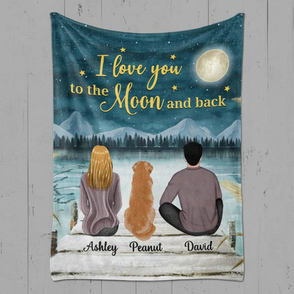Couple And Dog Under Moonlight Personalized Fleece Blanket - Gift For Couples