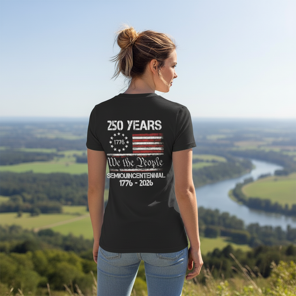 Celebrate Our America 250th Anniversary United States Semiquincentennial Back Side Dark Woman V Neck