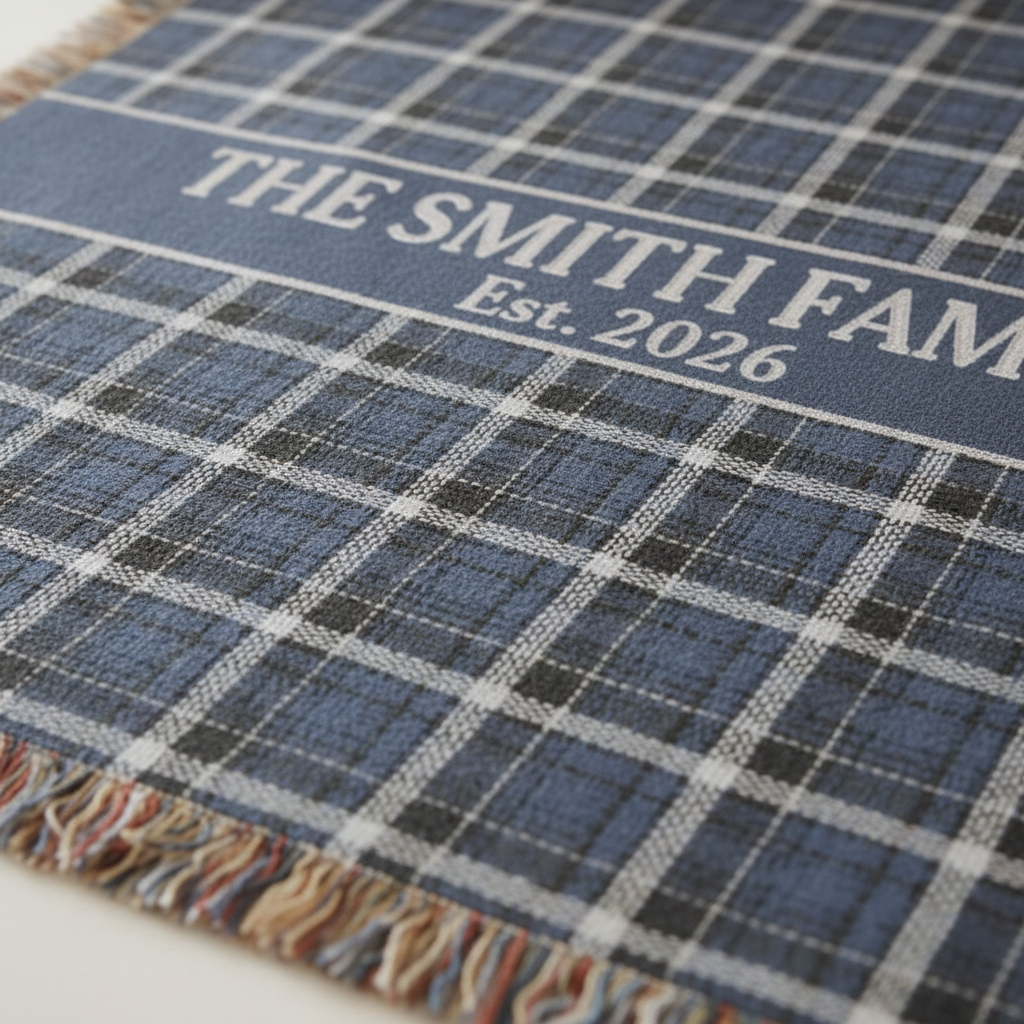 Navy Plaid Custom Name & Year Blanket for Couple/Family – Personalized Wedding & Anniversary Gift