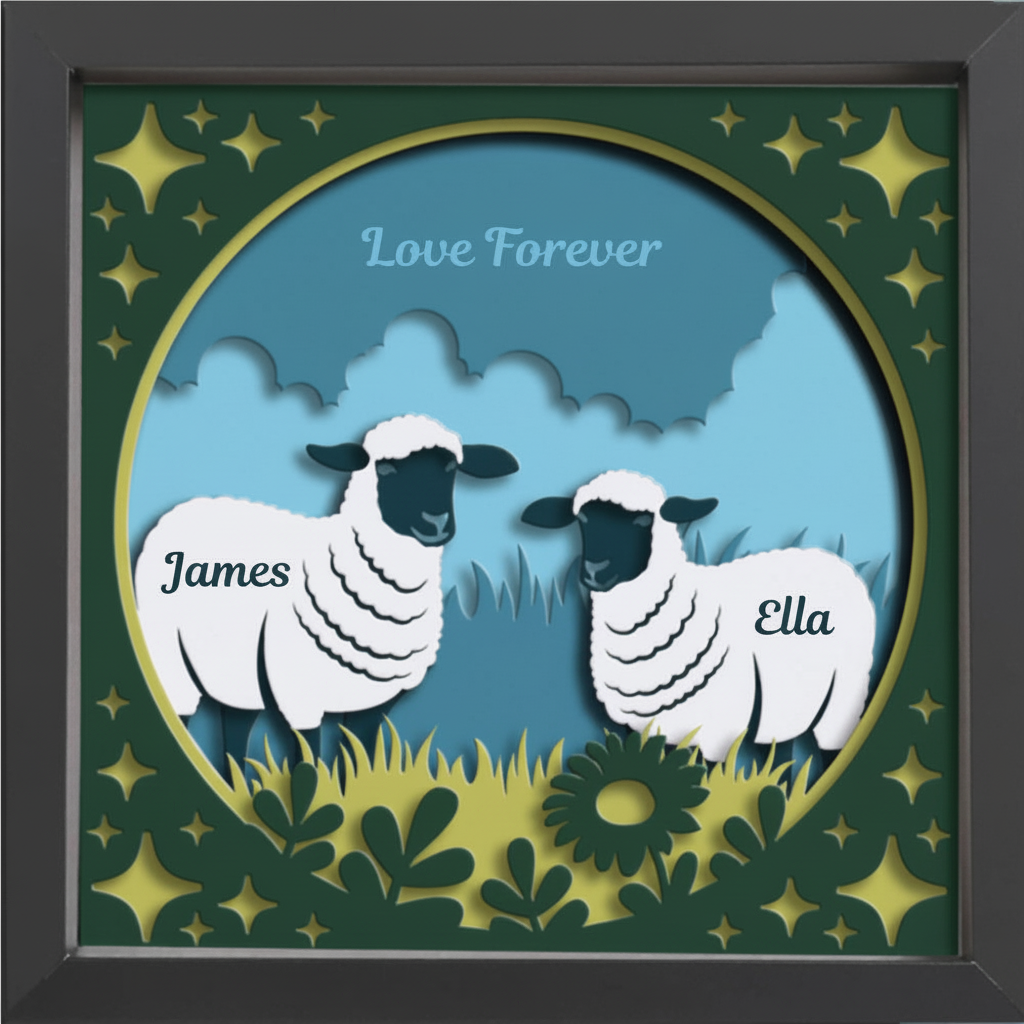 3D Layered Papercut Sheep Meadow Framed Picture - Perfect Gift for Couples