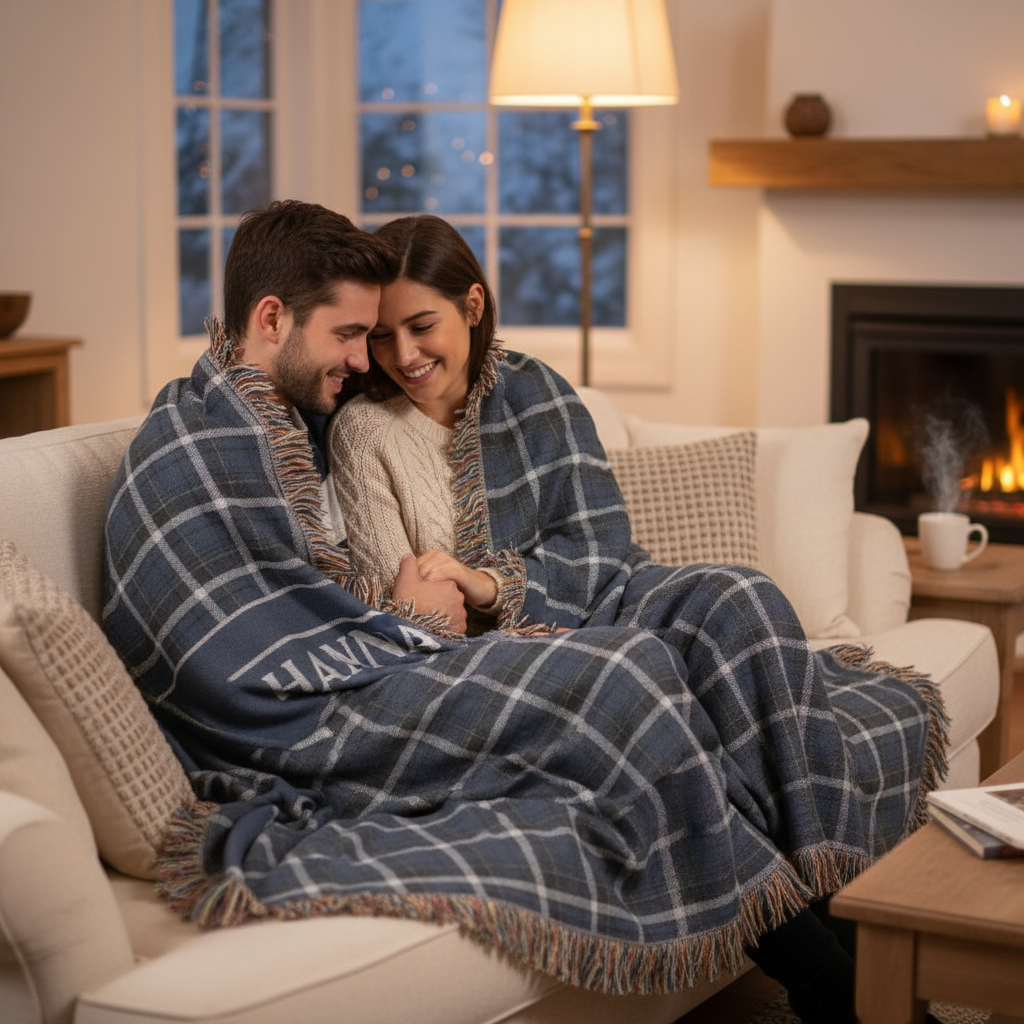 Navy Plaid Custom Name & Year Blanket for Couple/Family – Personalized Wedding & Anniversary Gift