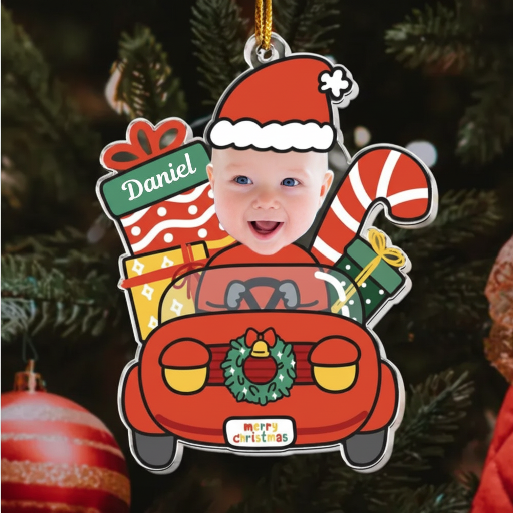 Custom Baby Santa Car Acrylic Photo Ornament – Personalized Christmas Ornament for Babies, Kids & Newborns – Cute Holiday Family Gift