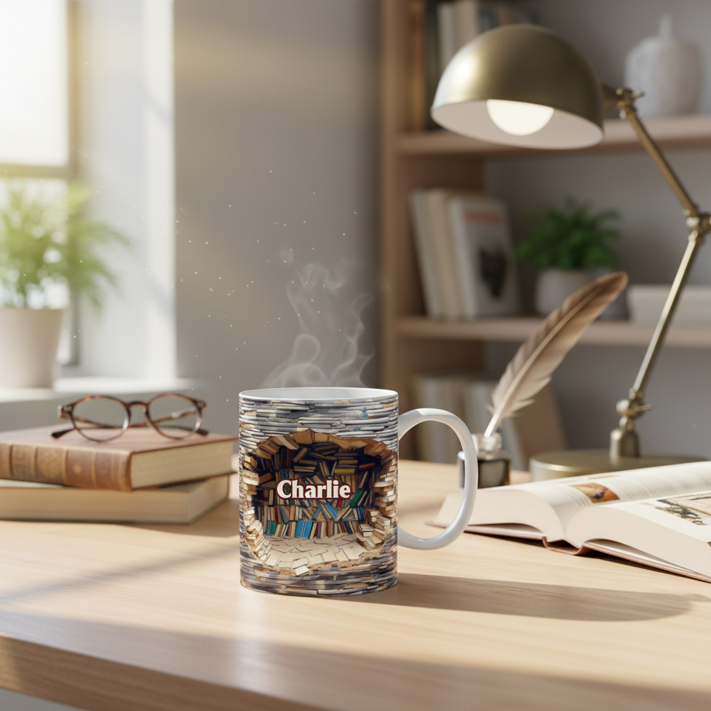 Custom Name 3D Library Shelf Ceramic Mug - Personalized Cool Gifts for Book Lovers