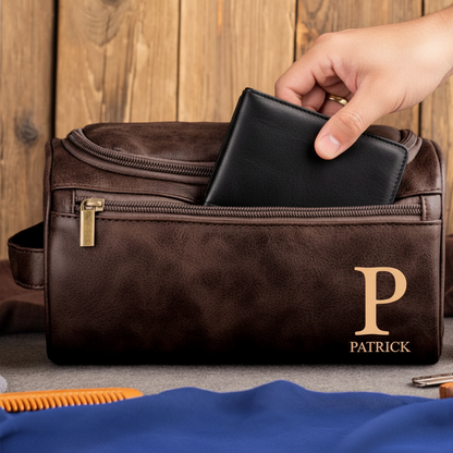 Laser Engraved Personalized Classic Initial Leather Toiletry Bag - Perfect Gift for Dad or Husband