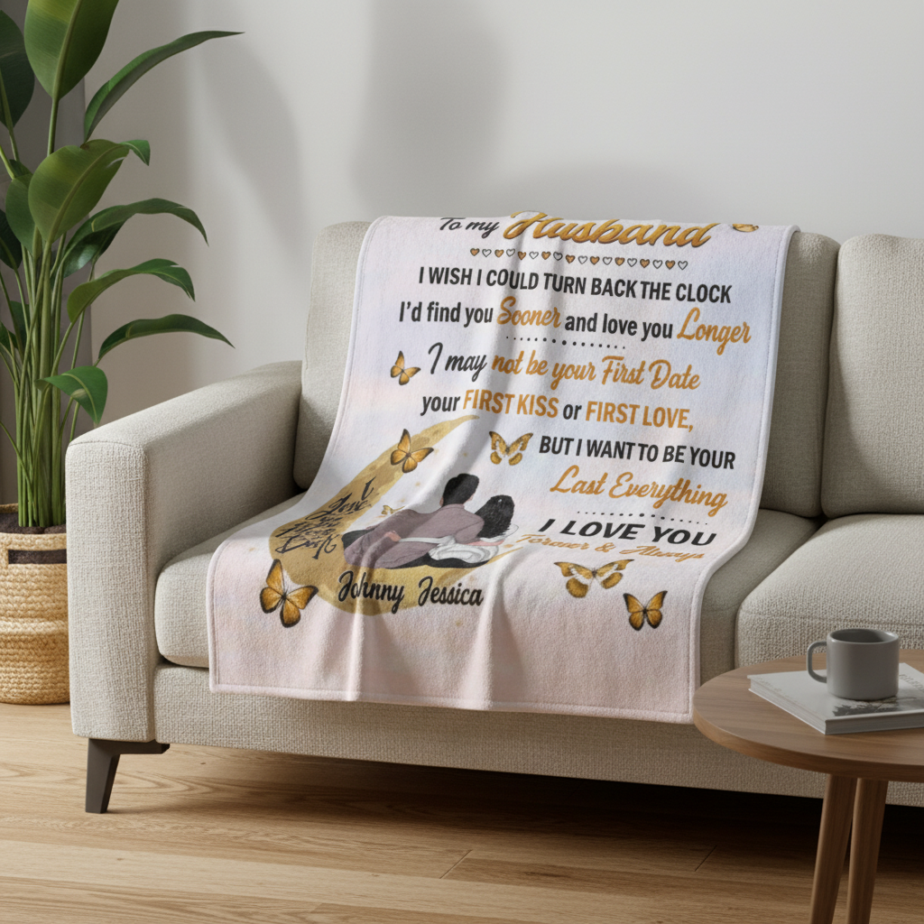 To My Husband, I Love You To The Moon And Back Couple Personalized Fleece Blanket  - Custom Name Gift For Husband