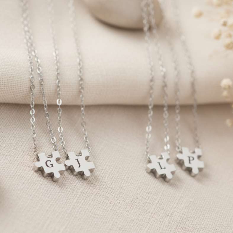 Custom Initial Puzzle Necklace - Personalized Stainless Steel Pendant Gift For Couples