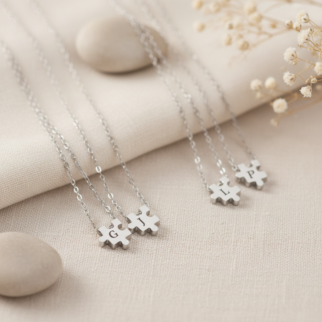 Custom Initial Puzzle Necklace - Personalized Stainless Steel Pendant Gift For Couples