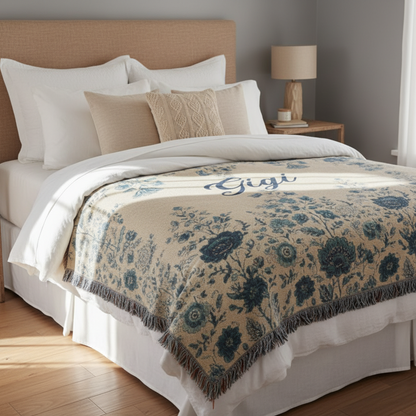 Custom Name Vintage Floral Woven Blanket – Personalized Gift for Mom, Grandma