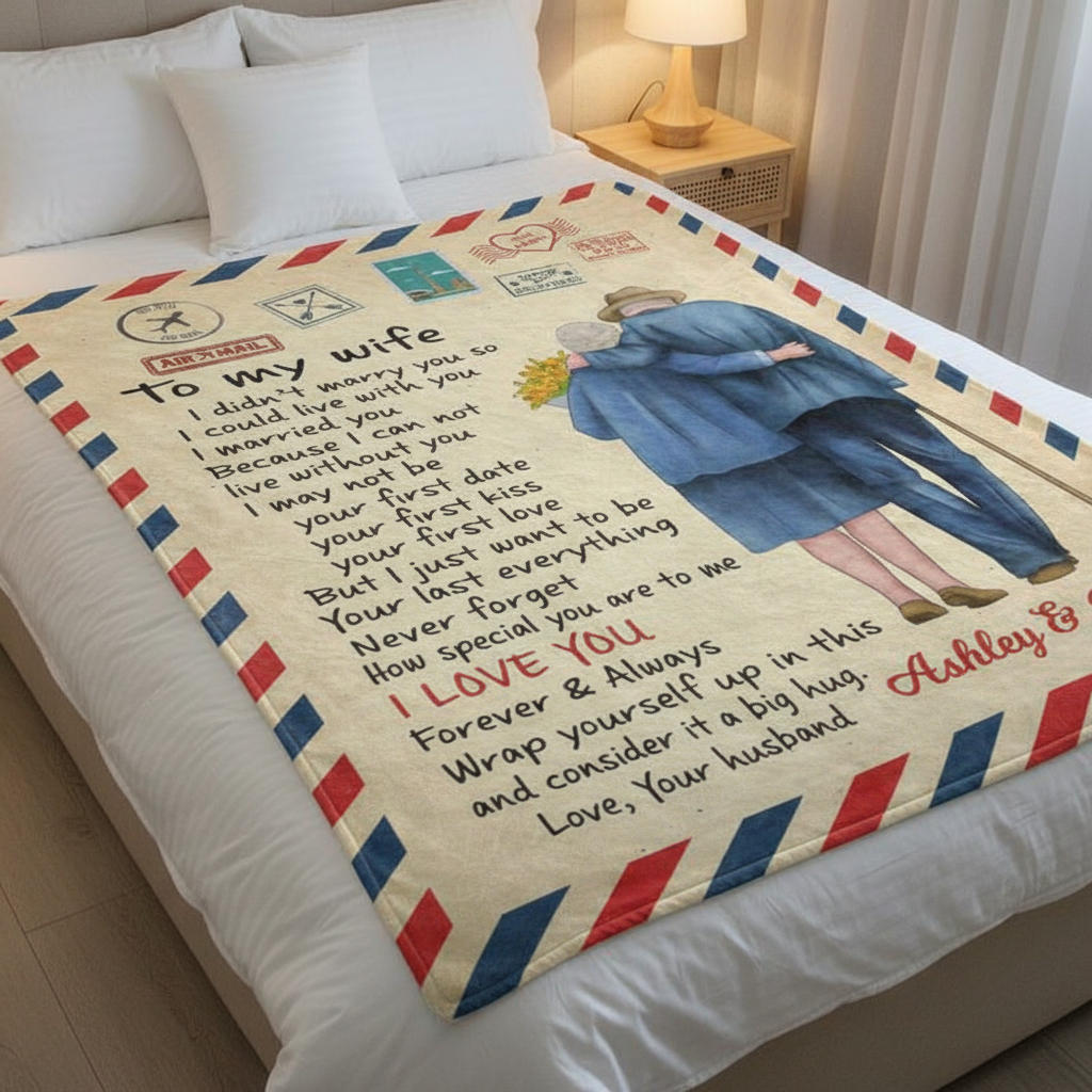 To My Wife I Love You Old Couple Letter Style Personalized Fleece Blanket - Romantic Gift For Couples