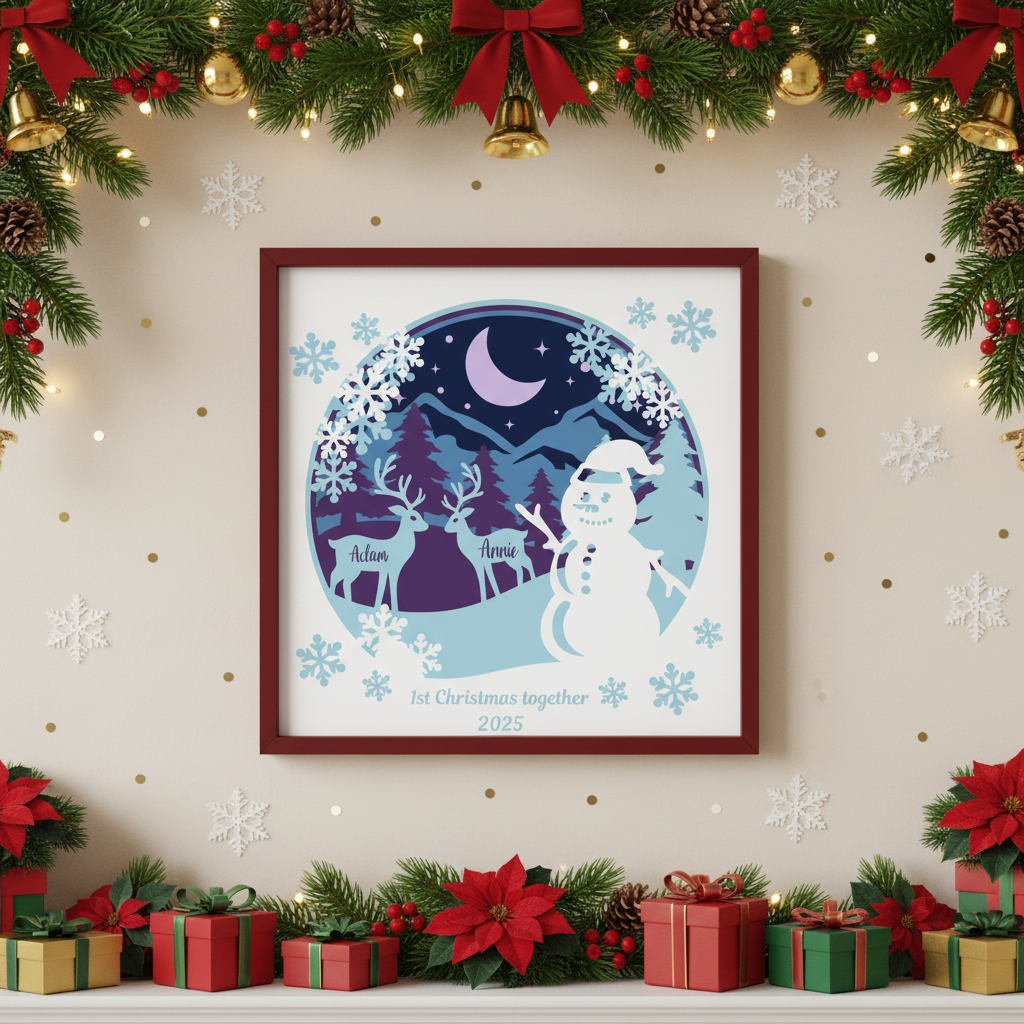 3D Layered Christmas Snowman Winter Papercut  Frame Picture- Personalized Holiday Décor Design for Christmas Gifts