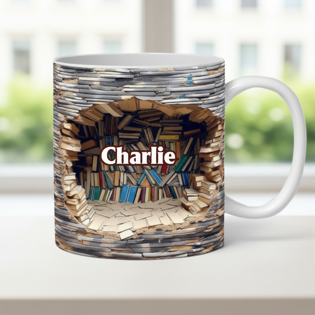 Custom Name 3D Library Shelf Ceramic Mug - Personalized Cool Gifts for Book Lovers