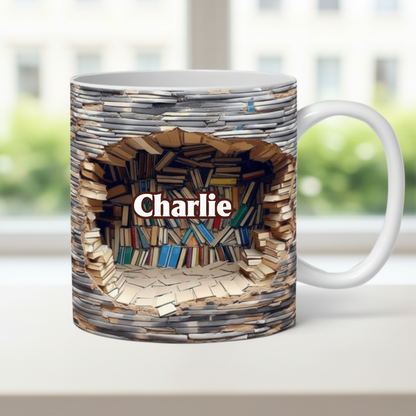 Custom Name 3D Library Shelf Ceramic Mug - Personalized Cool Gifts for Book Lovers