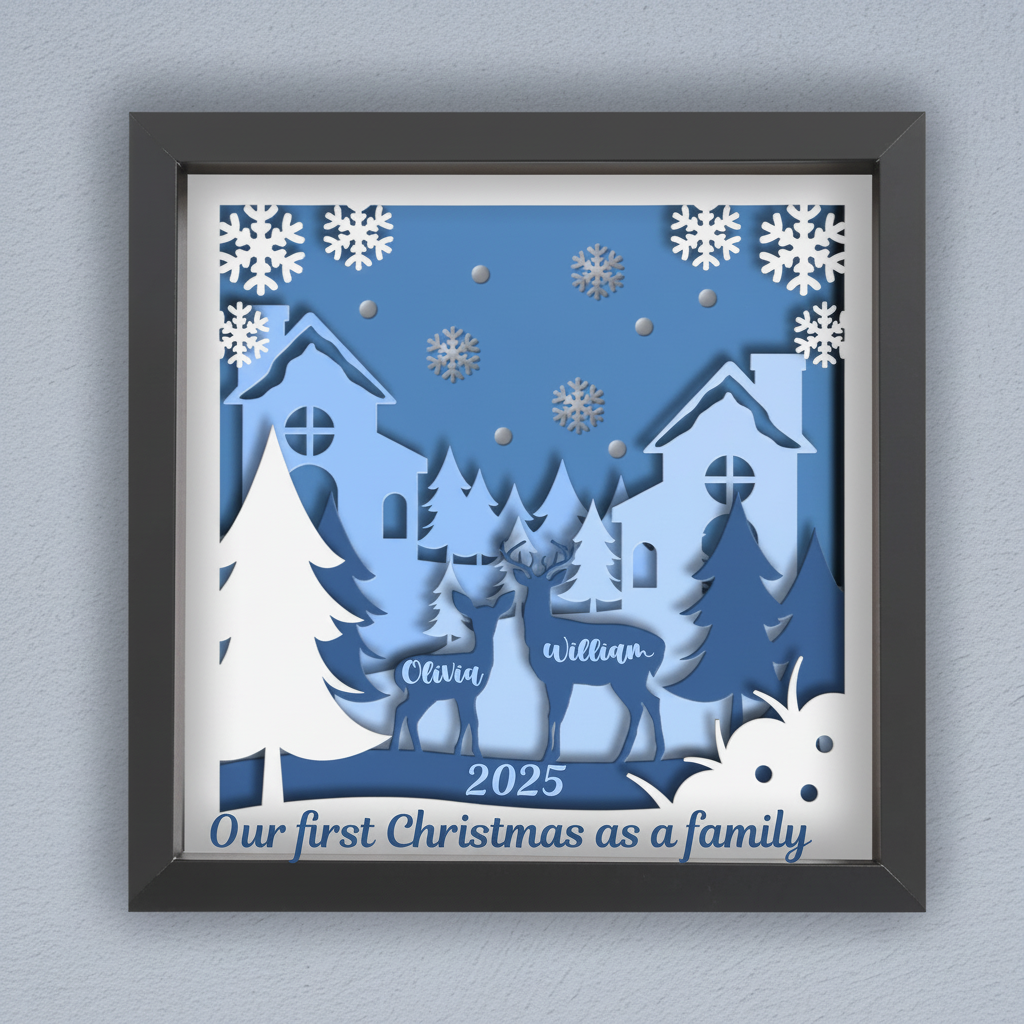 3D Layered Deer and Winter Forest Papercut Framed Picture - Perfect Christmas Home Décor & Family Gift