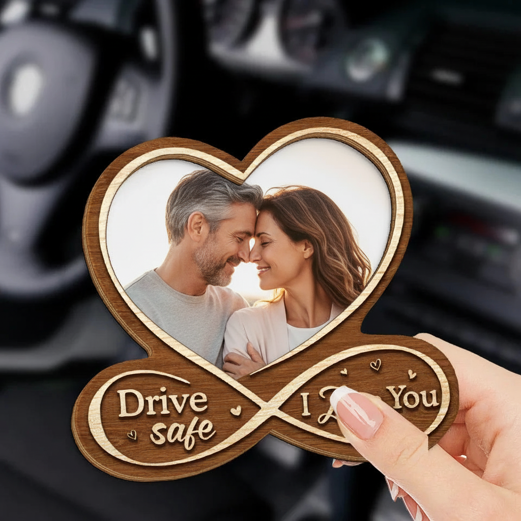 Personalized Couple Car Visor Clip – Custom Photo “Drive Safe I Love You” Accessory  2Layers Wooden Car Visor Clip