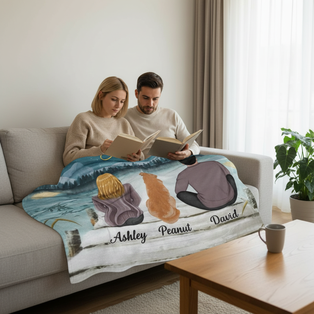 Couple And Dog Under Moonlight Personalized Fleece Blanket - Gift For Couples