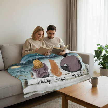 Couple And Dog Under Moonlight Personalized Fleece Blanket - Gift For Couples