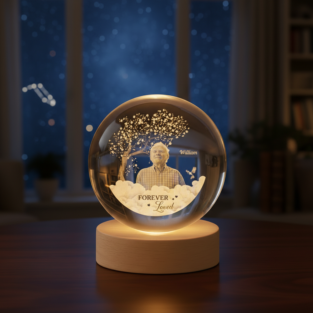 Personalised Memorial Crystal Ball Lamp for Loss of Dad with Photo
