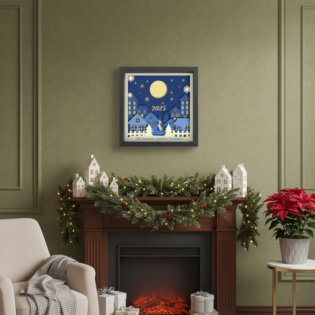 3D Layered Papercut Christmas Town Framed Picture – Personalized Holiday Décor Design for Christmas Gifts