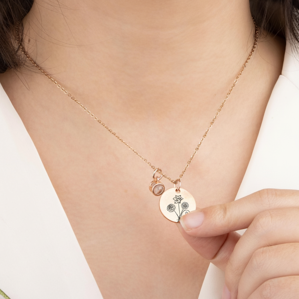 Birth Flowers Bouquet Charm Necklace with Hidden Picture