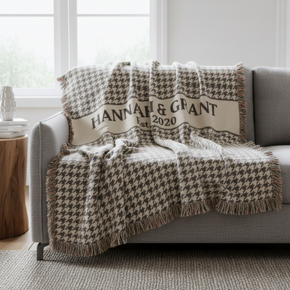 Taupe Houndstooth Plaid Custom Name & Year Blanket for Couple/Family – Personalized Wedding & Anniversary Gift