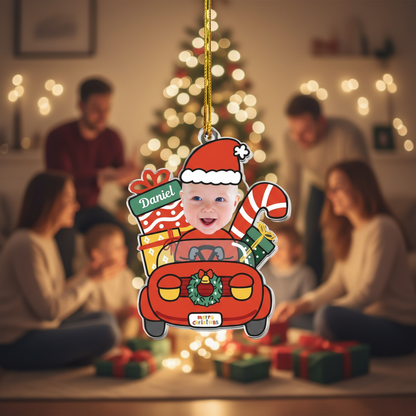 Custom Baby Santa Car Acrylic Photo Ornament – Personalized Christmas Ornament for Babies, Kids & Newborns – Cute Holiday Family Gift