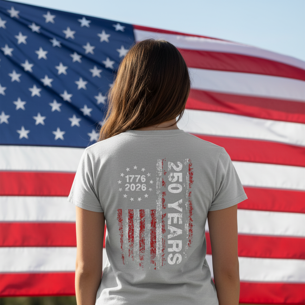 America 250th Birthday US Flag 250 Years We The People Back Side Dark Woman V Neck