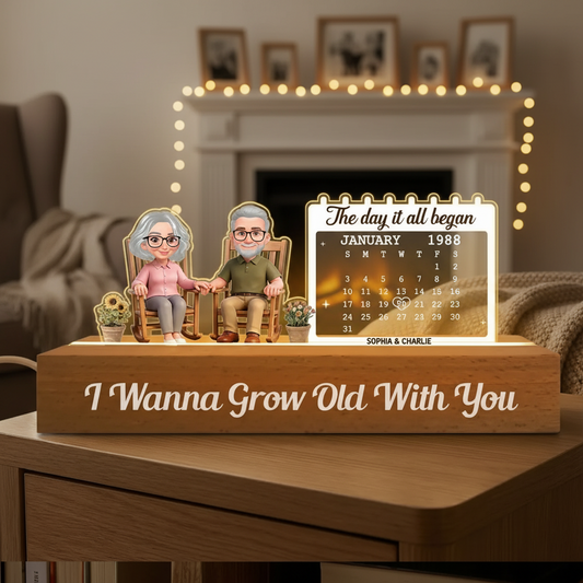 Old Couple Sitting On Rocking Chair Anniversary Date Calendar - Personalized Acrylic Block LED Night Light