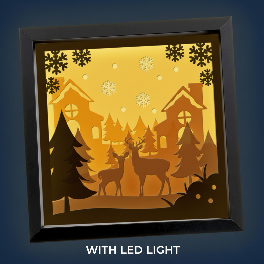 3D Layered Deer and Winter Forest Papercut Framed Picture - Perfect Christmas Home Décor & Family Gift