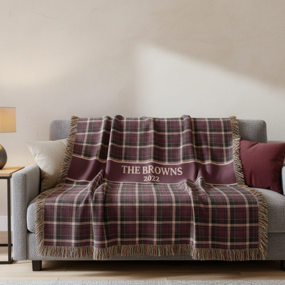 Burgundy Plaid Custom Name & Year Blanket for Couple/Family – Personalized Wedding & Anniversary Gift