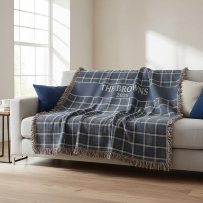 Navy Plaid Custom Name & Year Blanket for Couple/Family – Personalized Wedding & Anniversary Gift