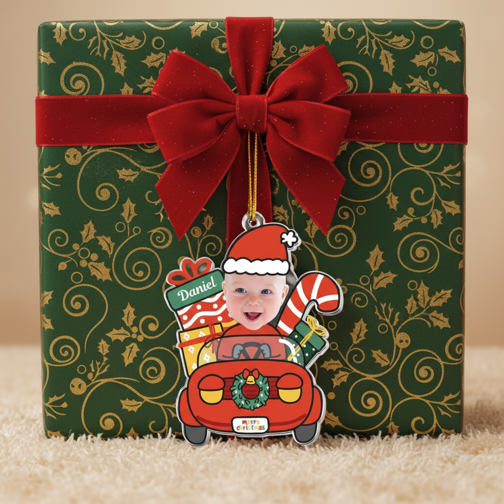 Custom Baby Santa Car Acrylic Photo Ornament – Personalized Christmas Ornament for Babies, Kids & Newborns – Cute Holiday Family Gift
