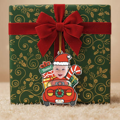 Custom Baby Santa Car Acrylic Photo Ornament – Personalized Christmas Ornament for Babies, Kids & Newborns – Cute Holiday Family Gift