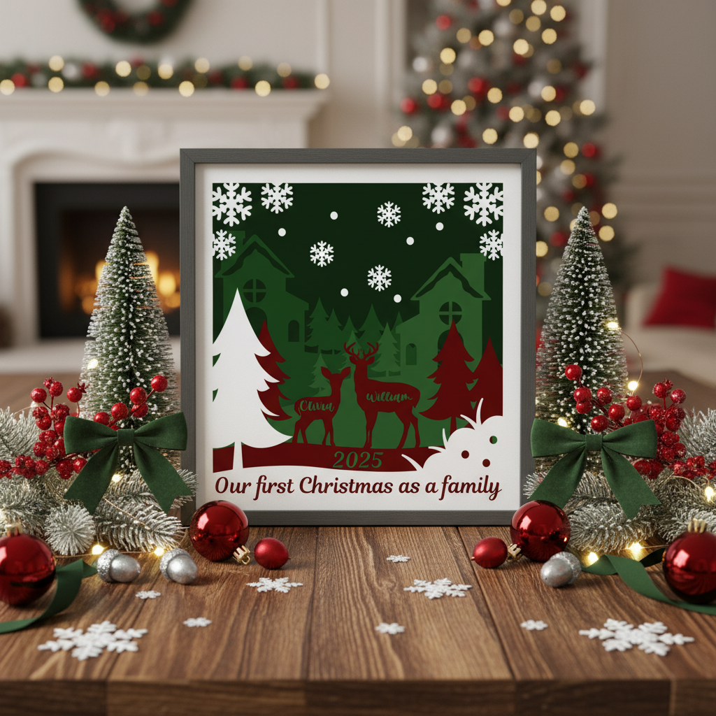 3D Layered Deer and Winter Forest Papercut Framed Picture - Perfect Christmas Home Décor & Family Gift