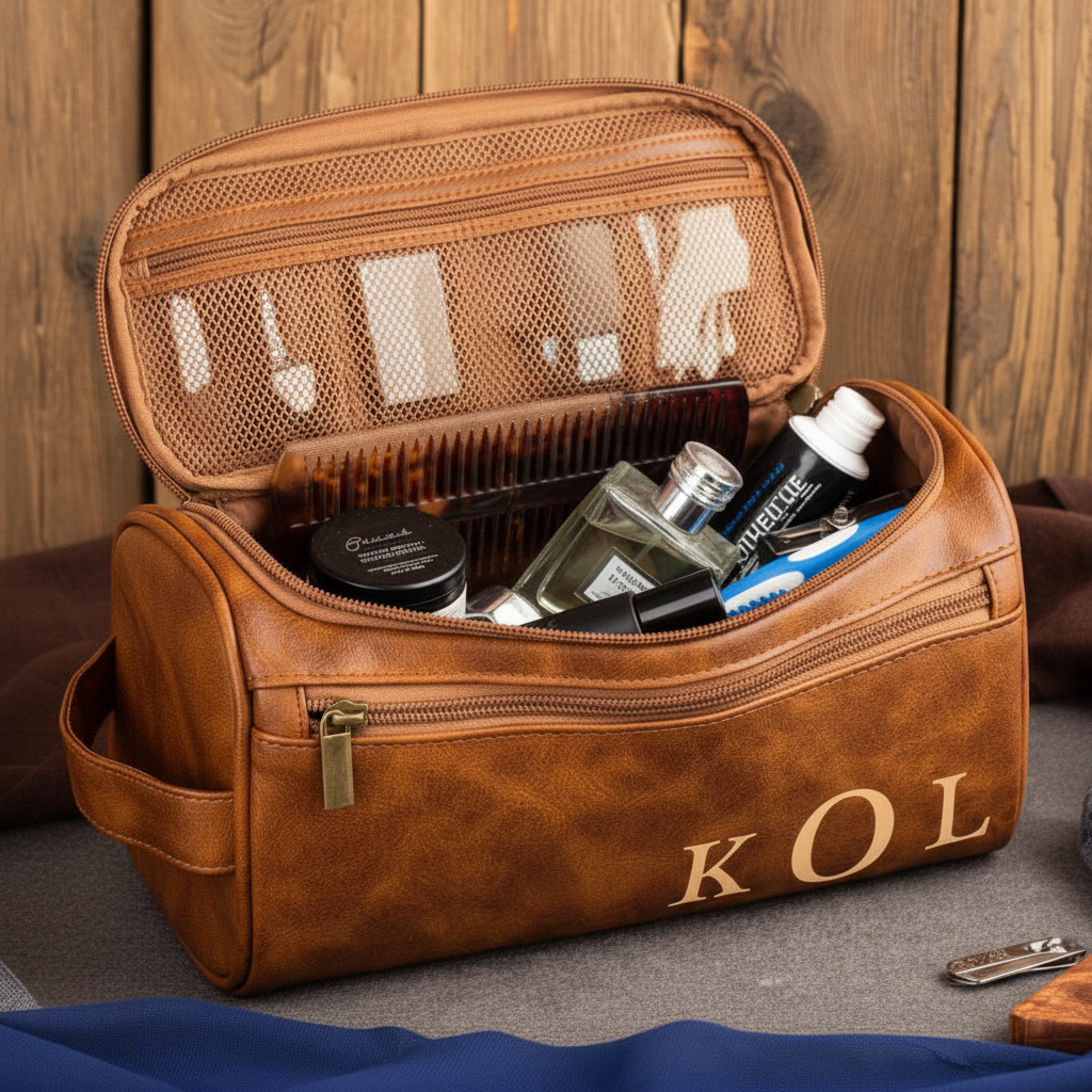Luxury Leather Toiletry Bag with Laser Engraved Initial - Premium Personalized Gift For Dad, Husband
