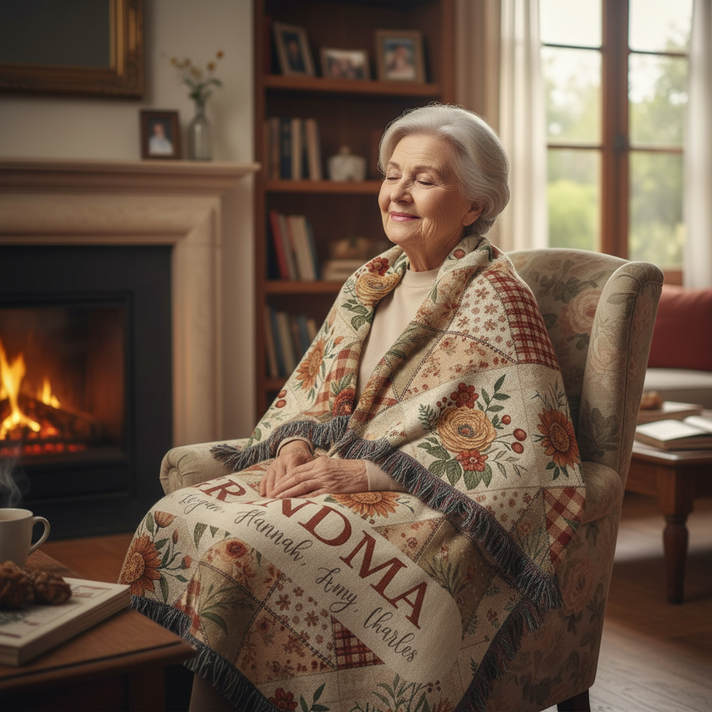 Custom Name Retro Florals Woven Blanket – Personalized Gift for Mom, Grandma