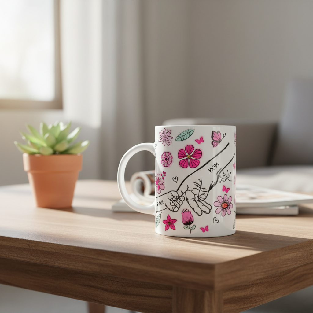 [3D printing effect] Personalized Mom Mug - Holding Hands with Pink Flowers
