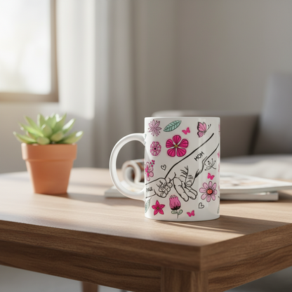 [3D printing effect] Personalized Mom Mug - Holding Hands with Pink Flowers