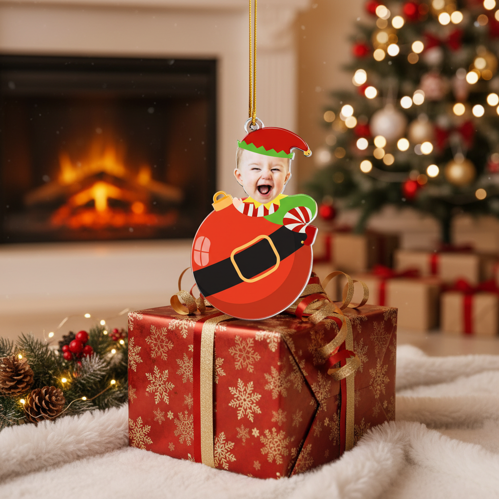 Cute Baby Elf Christmas - Personalized Babys Photo First Christmas Ornament - For Mom, Dad and Family