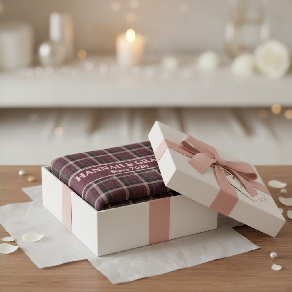 Burgundy Plaid Custom Name & Year Blanket for Couple/Family – Personalized Wedding & Anniversary Gift