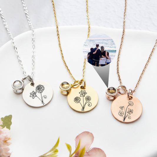 Birth Flowers Bouquet Charm Necklace with Hidden Picture