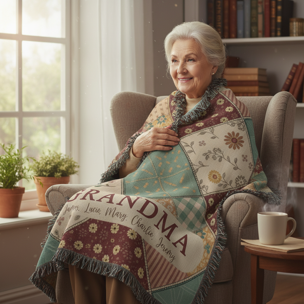 Custom Name Pastel Squares Woven Blanket – Personalized Gift for Mom, Grandma