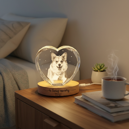 Custom Photo Forever Loved Memorial Dog Cat - Personalized Crystal Heart Shaped Lamp