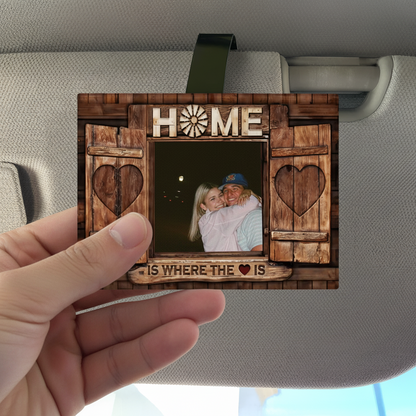 Custom Photo “Home Is Where the Love Is” 2Layers Wooden Car Visor Clip – Personalized Couple Gift
