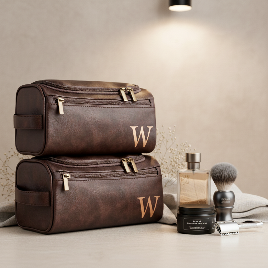 Luxury Leather Toiletry Bag with Laser Engraved Initial - Premium Personalized Gift For Dad, Husband
