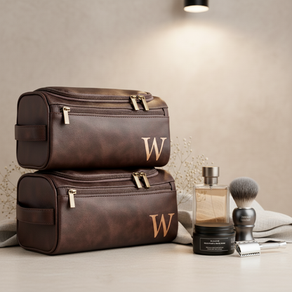 Luxury Leather Toiletry Bag with Laser Engraved Initial - Premium Personalized Gift For Dad, Husband
